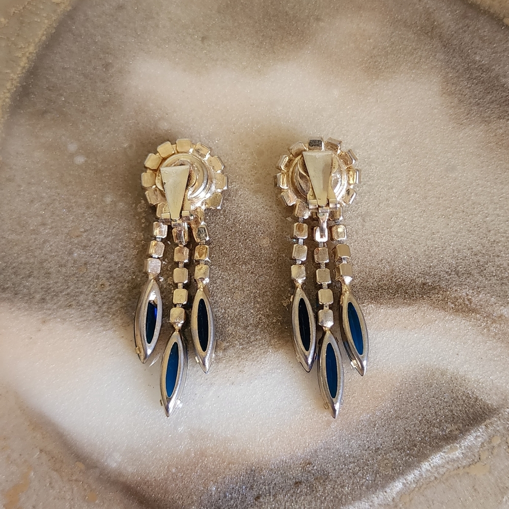 Vintage Rhinestone Sapphire Blue Aurora Borealis Gold Dangle Drop Earrings - Picture 5 of 5